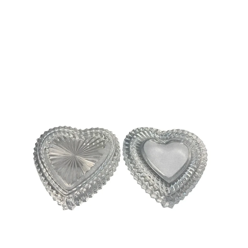 Vintage Heart Shaped Crystal Glass Trinket Box Jewelry Box w/ Lid